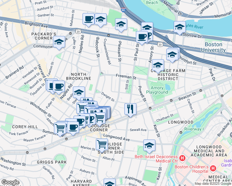 map of restaurants, bars, coffee shops, grocery stores, and more near 15 Dwight Street in Brookline