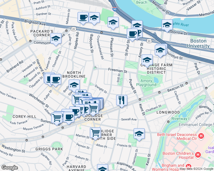 map of restaurants, bars, coffee shops, grocery stores, and more near 15 Dwight Street in Brookline