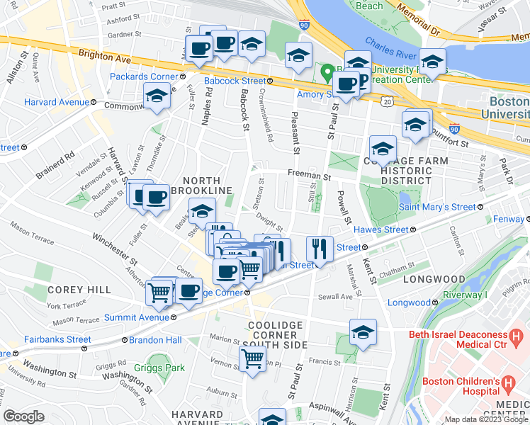 map of restaurants, bars, coffee shops, grocery stores, and more near 15 Dwight Street in Brookline