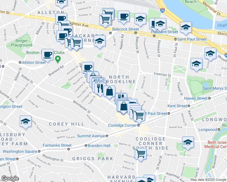 map of restaurants, bars, coffee shops, grocery stores, and more near 13 Beals Street in Brookline