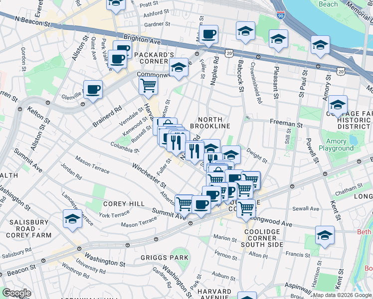 map of restaurants, bars, coffee shops, grocery stores, and more near 13 Beals Street in Brookline