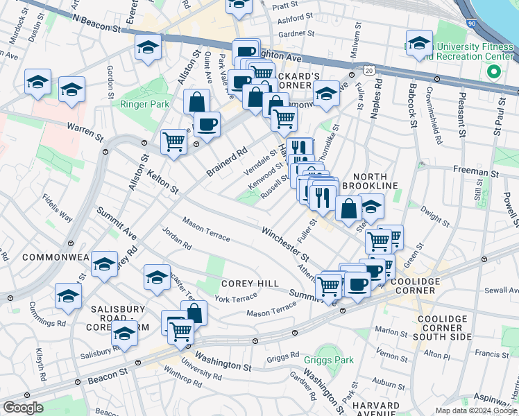 map of restaurants, bars, coffee shops, grocery stores, and more near 183 Winchester Street in Brookline