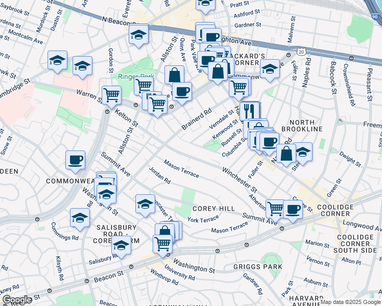 map of restaurants, bars, coffee shops, grocery stores, and more near 212 Winchester Street in Brookline