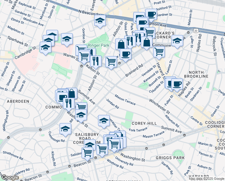 map of restaurants, bars, coffee shops, grocery stores, and more near 322 Mason Terrace in Brookline