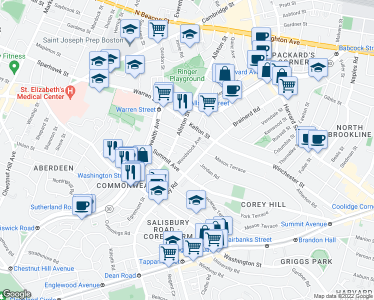 map of restaurants, bars, coffee shops, grocery stores, and more near 246 Corey Road in Boston