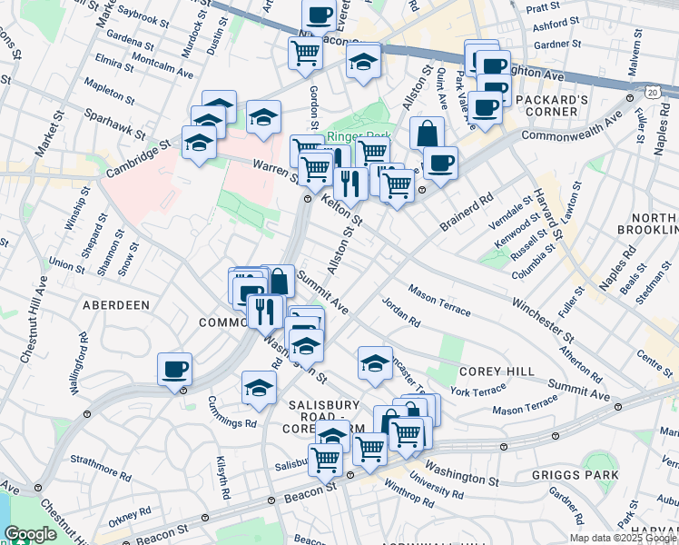 map of restaurants, bars, coffee shops, grocery stores, and more near 4 Woodstock Avenue in Boston