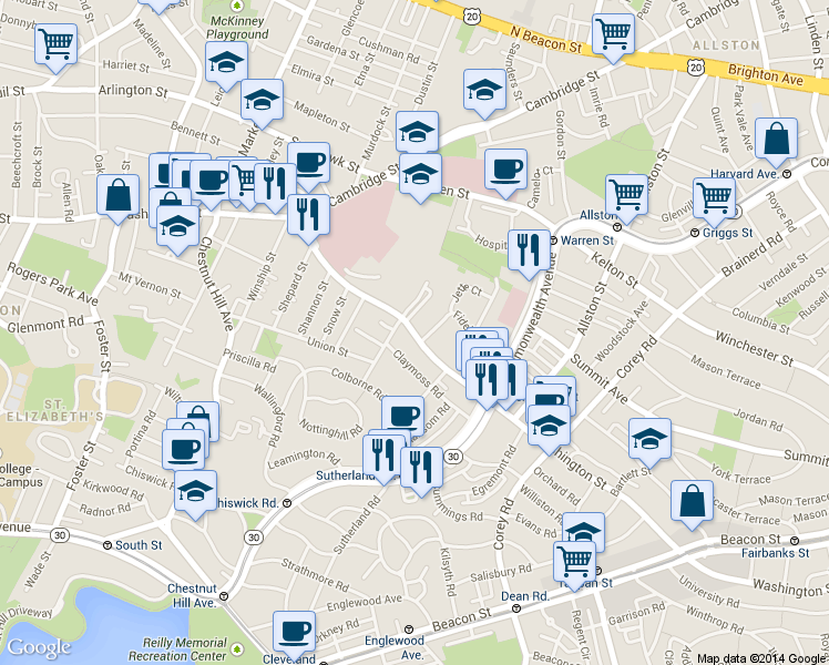 map of restaurants, bars, coffee shops, grocery stores, and more near 78 Claymoss Road in Boston