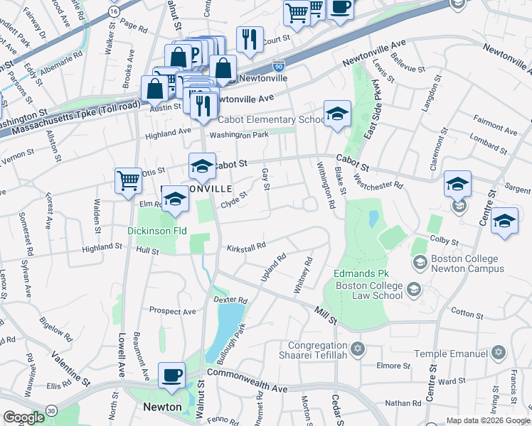 map of restaurants, bars, coffee shops, grocery stores, and more near 16 Charlesden Park in Newton