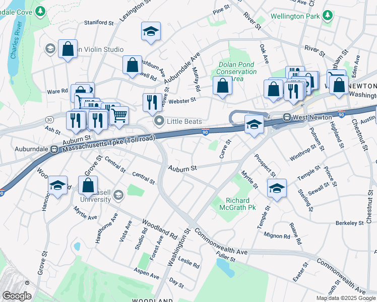 map of restaurants, bars, coffee shops, grocery stores, and more near 15 Normandy Road in Newton