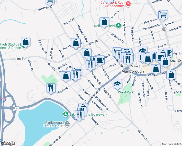 map of restaurants, bars, coffee shops, grocery stores, and more near 40 Pleasant Street in Marlborough