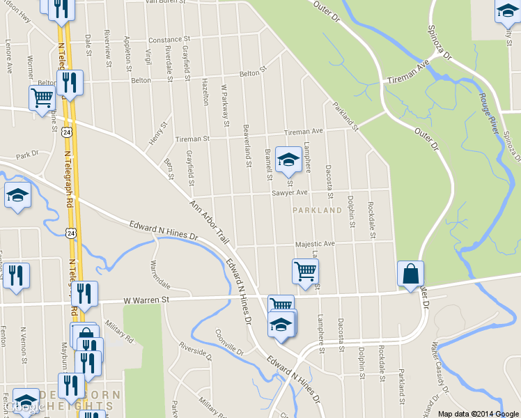 map of restaurants, bars, coffee shops, grocery stores, and more near 7458 Beaverland Street in Detroit