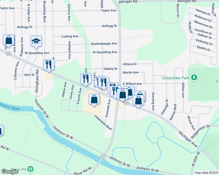 map of restaurants, bars, coffee shops, grocery stores, and more near 1488 West Michigan Avenue in Battle Creek