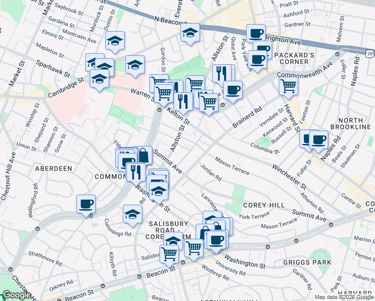 map of restaurants, bars, coffee shops, grocery stores, and more near 246 Corey Road in Boston