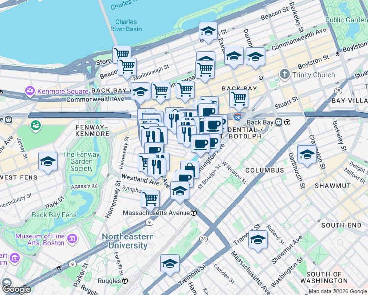 map of restaurants, bars, coffee shops, grocery stores, and more near 30 Dalton Street in Boston