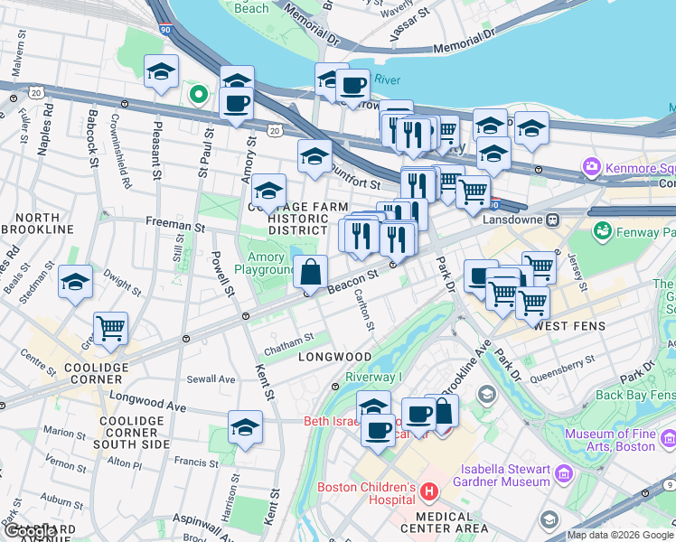 map of restaurants, bars, coffee shops, grocery stores, and more near 1056 Beacon Street in Brookline