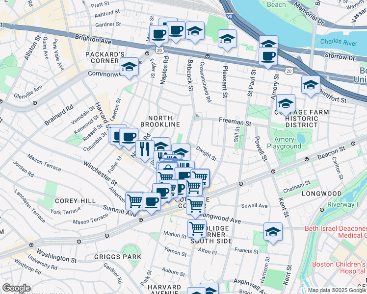 map of restaurants, bars, coffee shops, grocery stores, and more near 51 John Street in Brookline