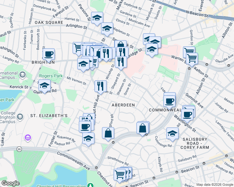 map of restaurants, bars, coffee shops, grocery stores, and more near 63 Shannon Street in Boston