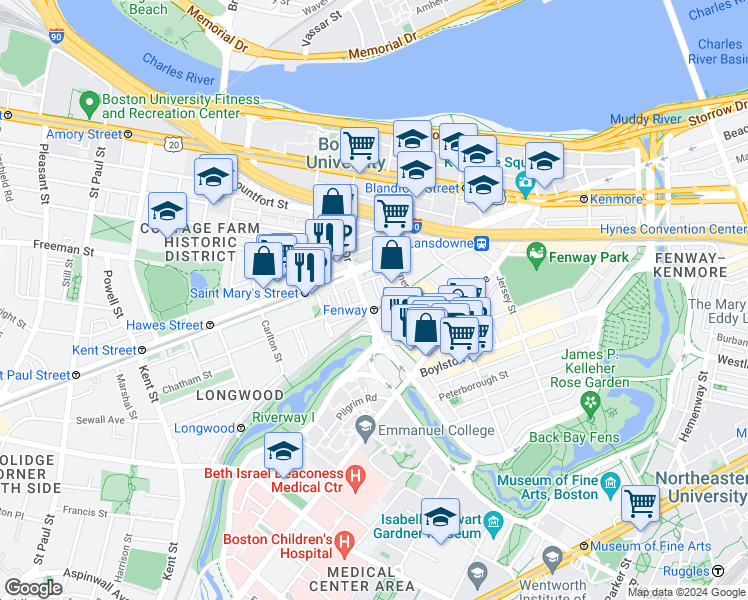 map of restaurants, bars, coffee shops, grocery stores, and more near 440 Park Drive in Boston