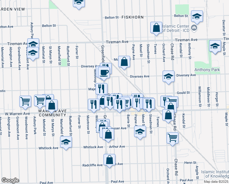 map of restaurants, bars, coffee shops, grocery stores, and more near 7321 Coleman Street in Dearborn