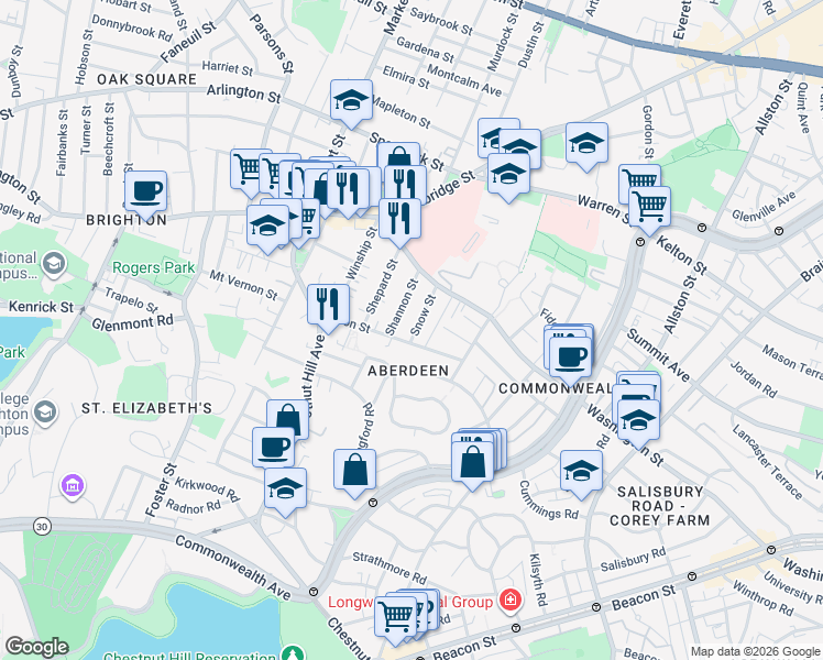 map of restaurants, bars, coffee shops, grocery stores, and more near in Boston