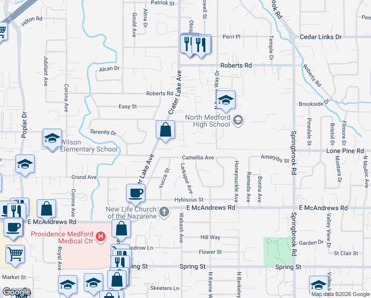 map of restaurants, bars, coffee shops, grocery stores, and more near 2030 Brookhurst Street in Medford