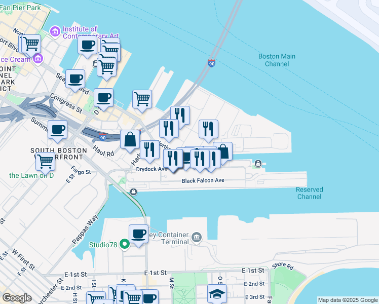 map of restaurants, bars, coffee shops, grocery stores, and more near 316 Northern Avenue in Boston