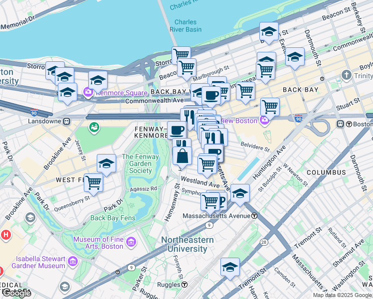 map of restaurants, bars, coffee shops, grocery stores, and more near 56-60 Hemenway Street in Boston