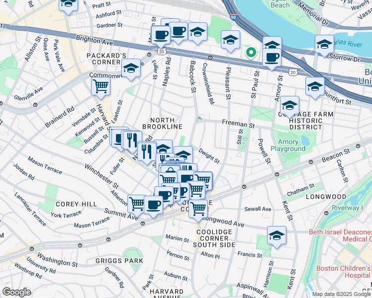 map of restaurants, bars, coffee shops, grocery stores, and more near 75 Stedman Street in Brookline