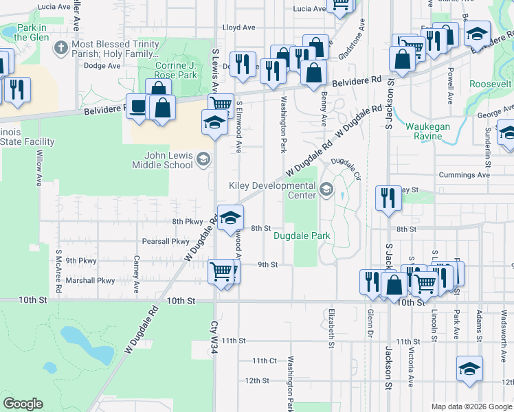 map of restaurants, bars, coffee shops, grocery stores, and more near 1714 West Dugdale Road in Waukegan