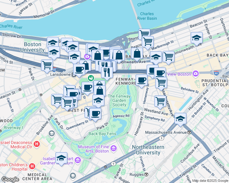 map of restaurants, bars, coffee shops, grocery stores, and more near 1179 Boylston Street in Boston