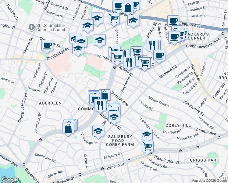 map of restaurants, bars, coffee shops, grocery stores, and more near 1486 Commonwealth Avenue in Boston