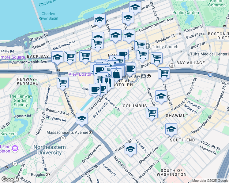 map of restaurants, bars, coffee shops, grocery stores, and more near 63 Saint Botolph Street in Boston