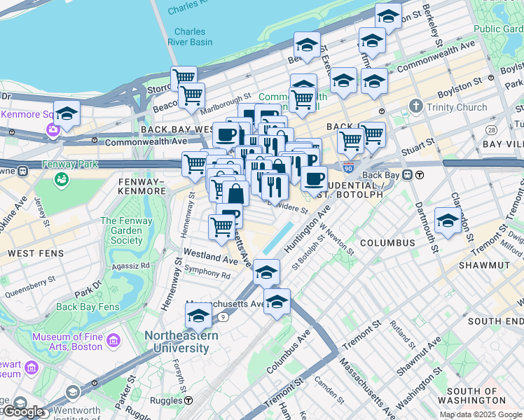 map of restaurants, bars, coffee shops, grocery stores, and more near 54 St Germain St in Boston