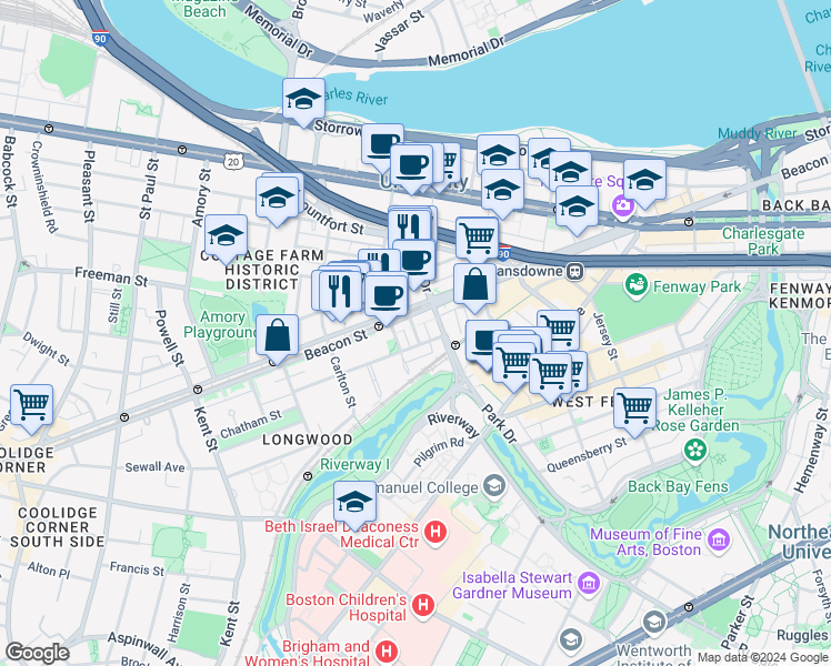 map of restaurants, bars, coffee shops, grocery stores, and more near Keswick Street in Boston