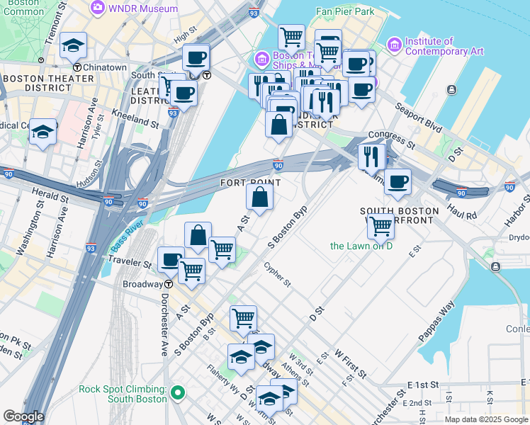 map of restaurants, bars, coffee shops, grocery stores, and more near 35 Channel Center Street in Boston