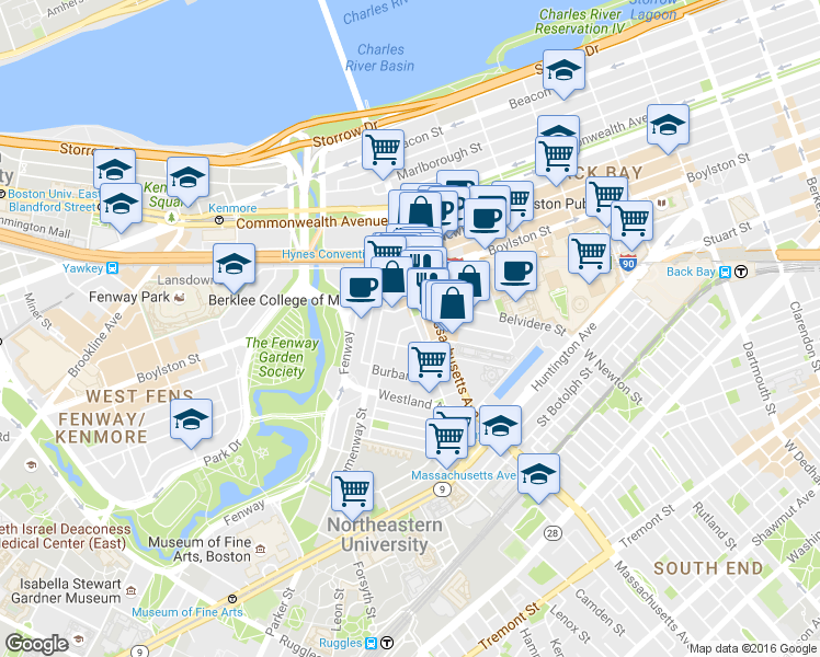map of restaurants, bars, coffee shops, grocery stores, and more near 230 Fenway in Boston