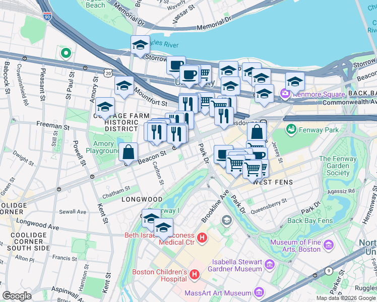 map of restaurants, bars, coffee shops, grocery stores, and more near 912 Beacon Street in Boston