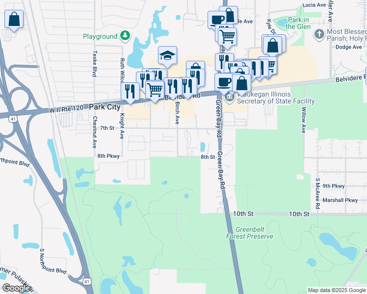 map of restaurants, bars, coffee shops, grocery stores, and more near 3080 West 8th Street in Waukegan