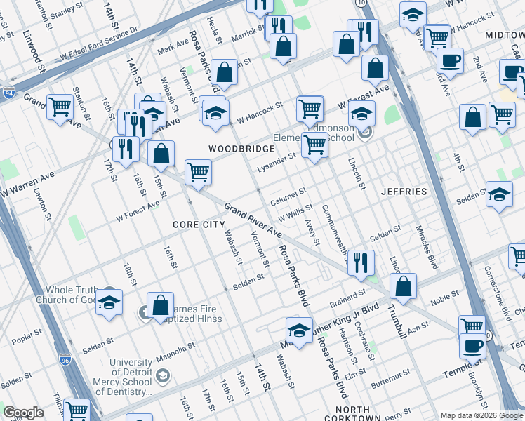 map of restaurants, bars, coffee shops, grocery stores, and more near 4340 Rosa Parks Boulevard in Detroit