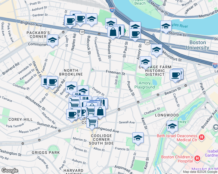 map of restaurants, bars, coffee shops, grocery stores, and more near 18 Still Street in Brookline