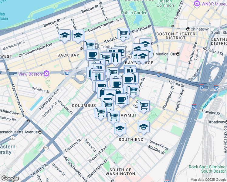 map of restaurants, bars, coffee shops, grocery stores, and more near in Boston
