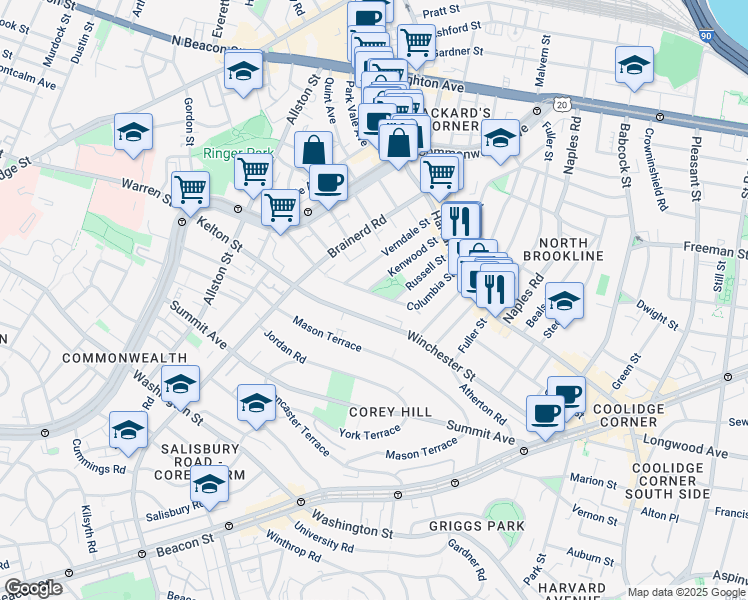 map of restaurants, bars, coffee shops, grocery stores, and more near 96 Columbia Street in Brookline