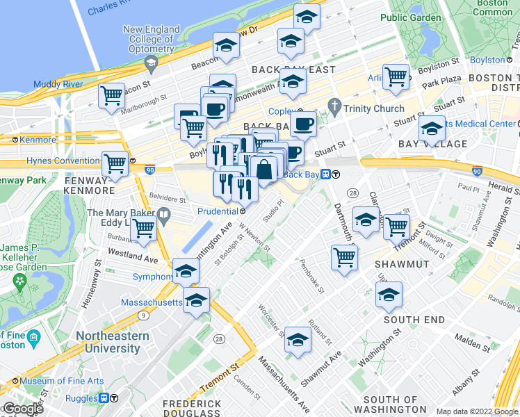 map of restaurants, bars, coffee shops, grocery stores, and more near in Boston