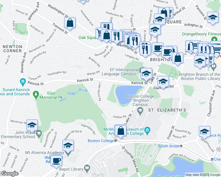 map of restaurants, bars, coffee shops, grocery stores, and more near 110-112 Kenrick Street in Boston
