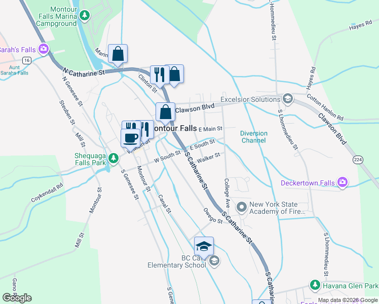 map of restaurants, bars, coffee shops, grocery stores, and more near 107 North Mulberry Street in Montour Falls