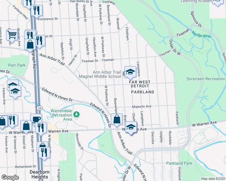 map of restaurants, bars, coffee shops, grocery stores, and more near 7525 Beaverland Street in Detroit