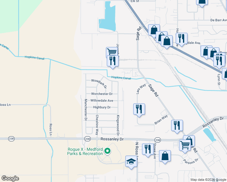 map of restaurants, bars, coffee shops, grocery stores, and more near 360 Roundgate Drive in Medford