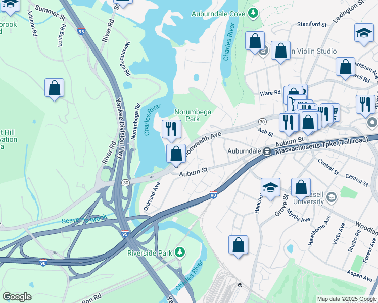 map of restaurants, bars, coffee shops, grocery stores, and more near 2322 Commonwealth Avenue in Newton