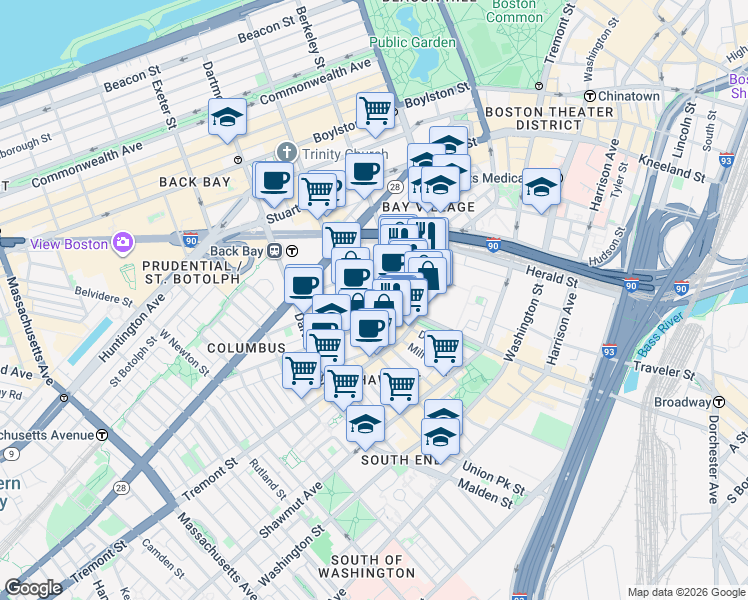 map of restaurants, bars, coffee shops, grocery stores, and more near 54 Lawrence Street in Boston
