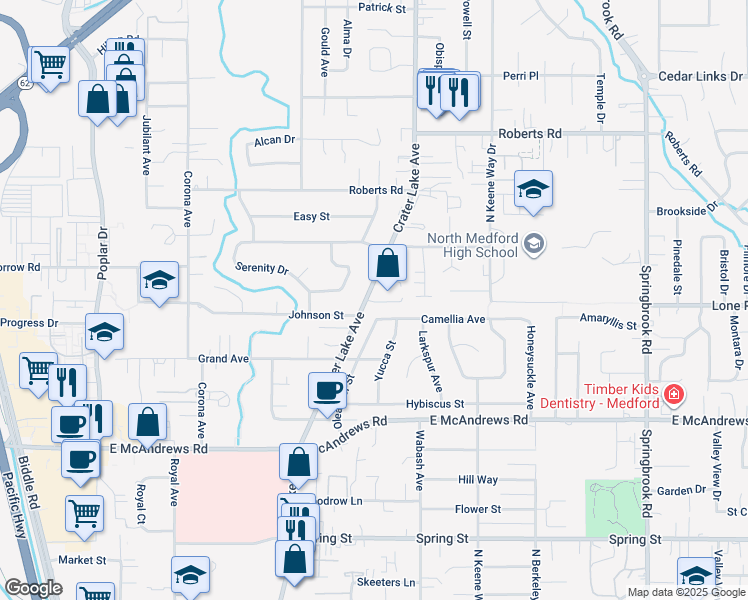 map of restaurants, bars, coffee shops, grocery stores, and more near 1767 Crater Lake Avenue in Medford